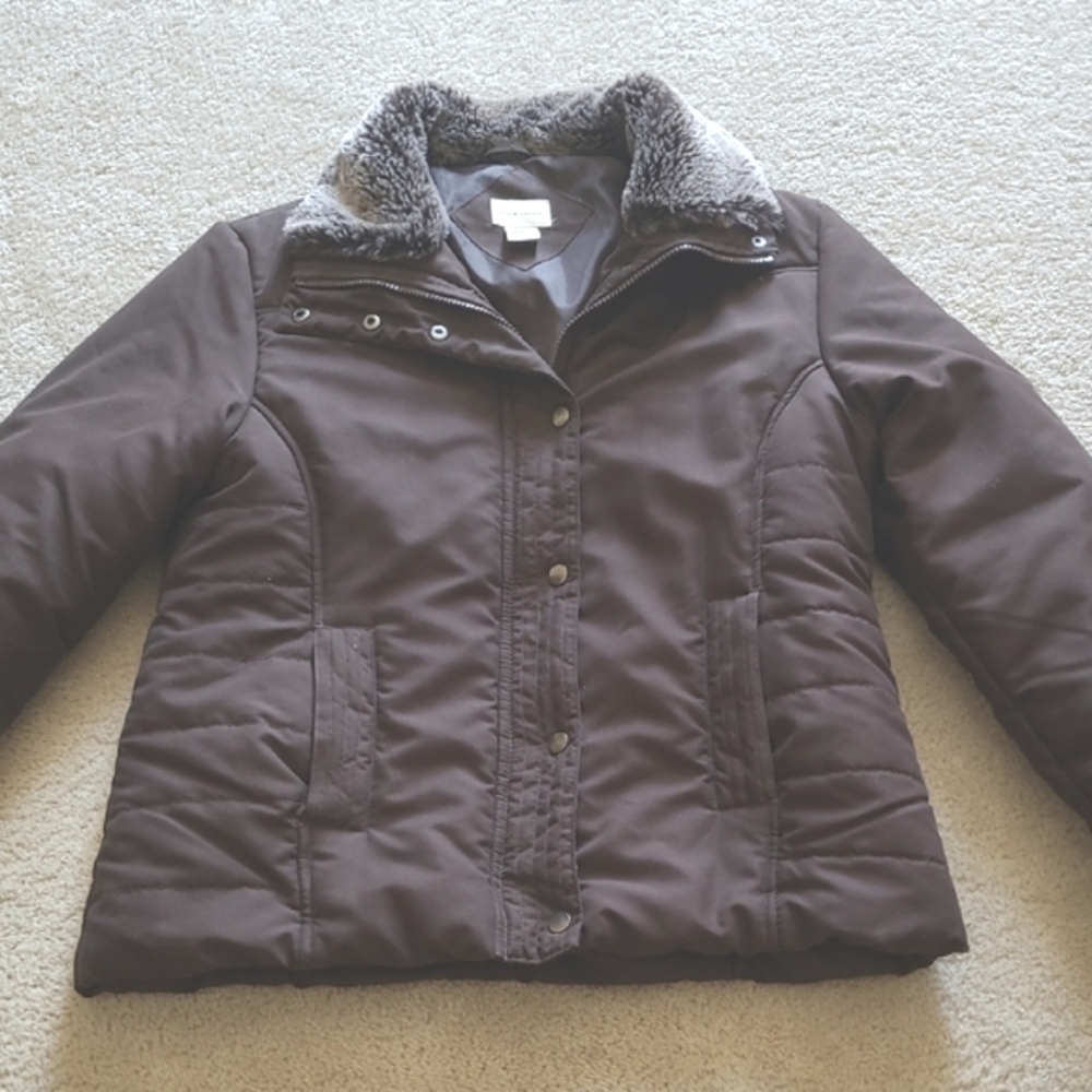 Dark Brown Puffer Jacket with Faux Fur Collar